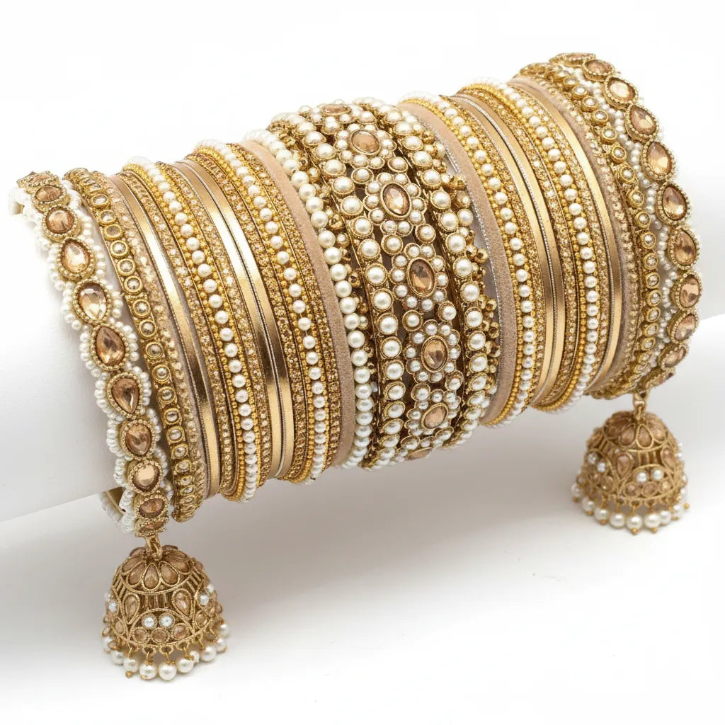 Bridal Bangle Set With Jhumki Borders, Pearl Stones Jhumki Bangle Set