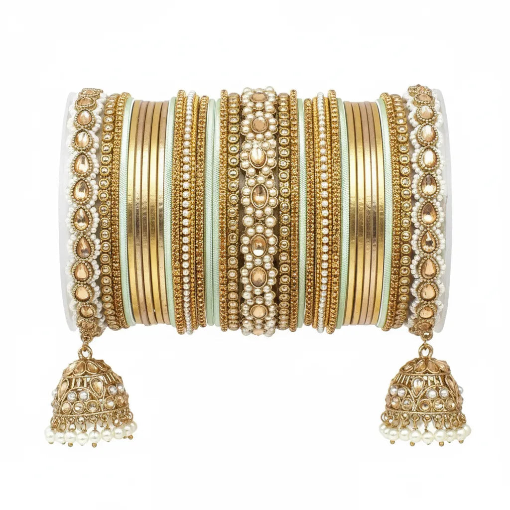 Bridal Bangle Set With Jhumki Borders, Pearl Stones Jhumki Bangle Set