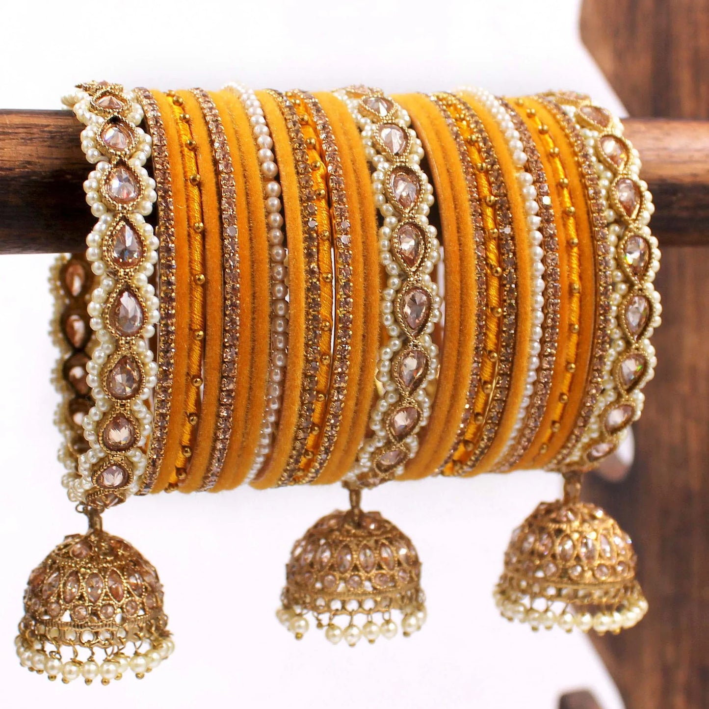 Bridal Bangle Set With Jhumki Borders, Pearl Stones Jhumki Bangle Set