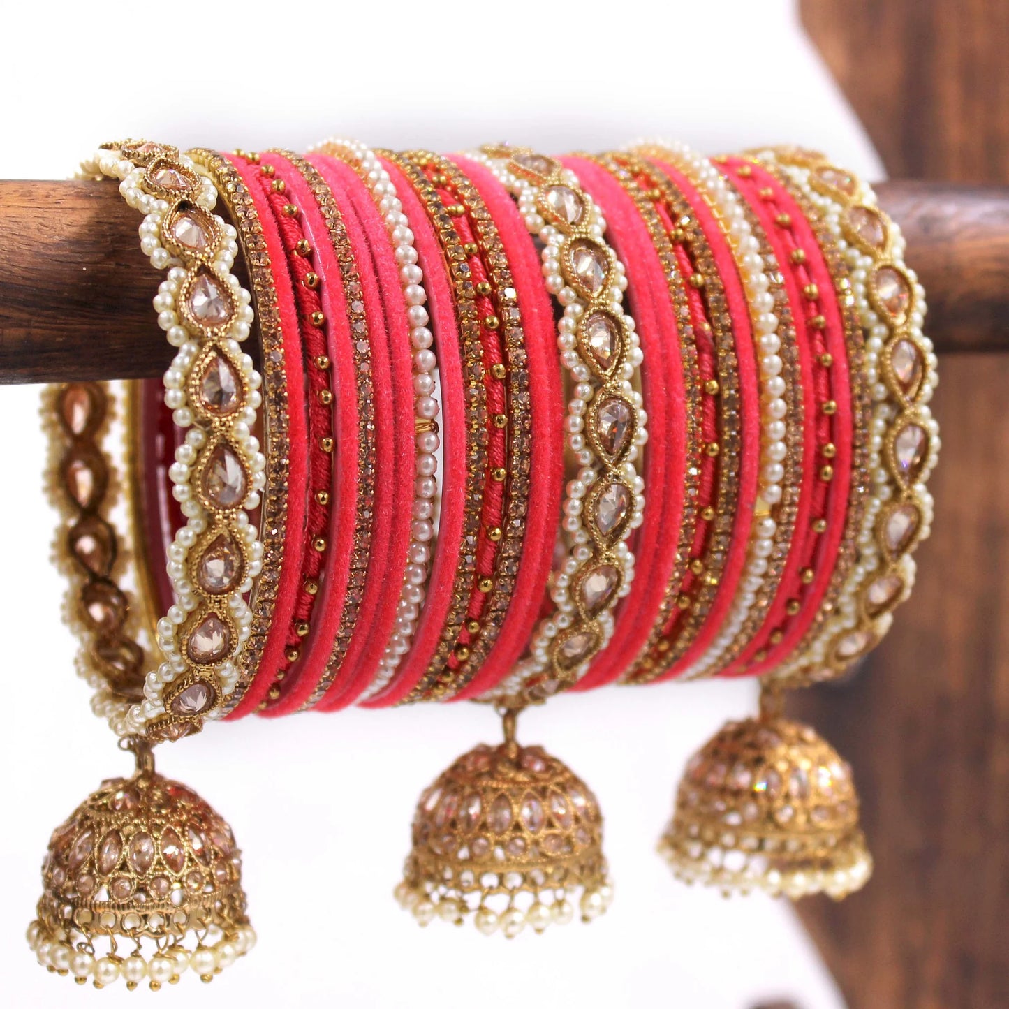 Bridal Bangle Set With Jhumki Borders, Pearl Stones Jhumki Bangle Set