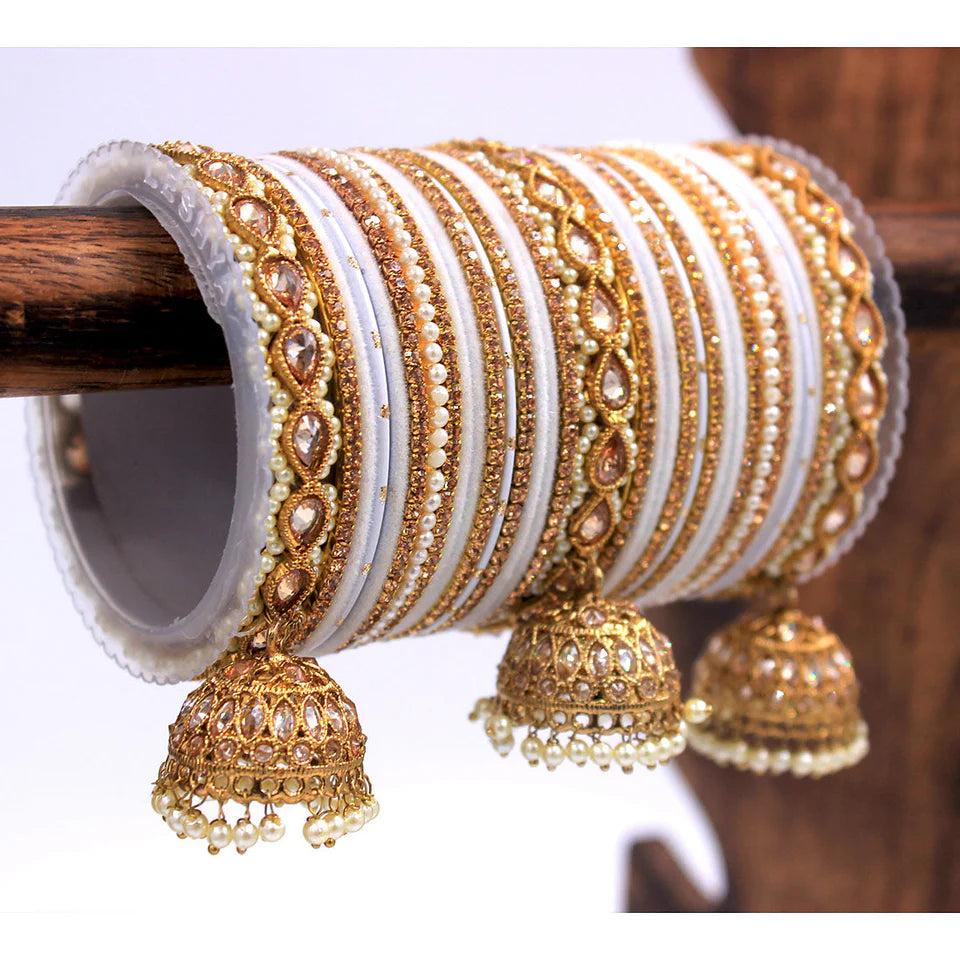 Bridal Bangle Set With Jhumki Borders, Pearl Stones Jhumki Bangle Set