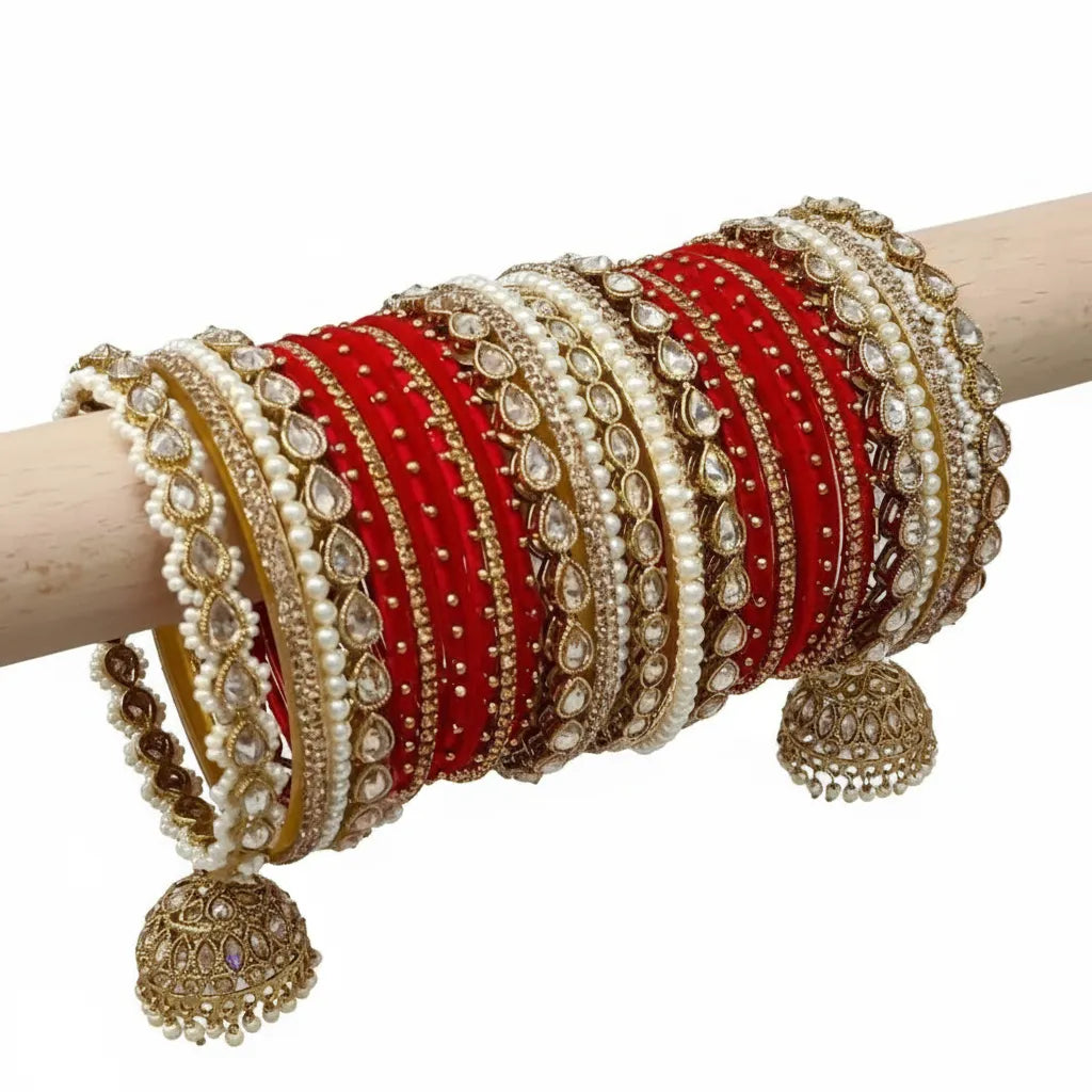 Red Metal jhumka bangle Set