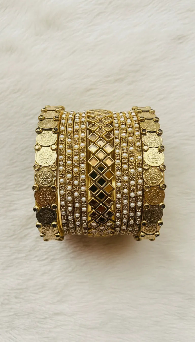 Metal Gold Kundan Bangle Set