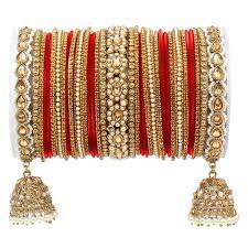 Bridal Bangle Set With Jhumki Borders, Pearl Stones Jhumki Bangle Set